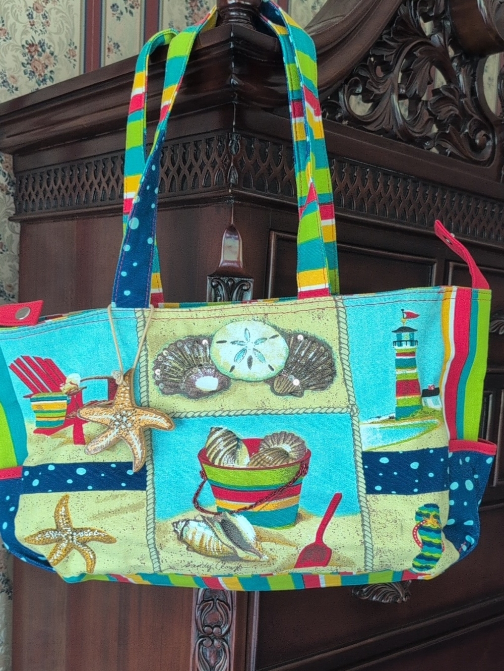 Canvas Beach Print Tote Bag in Teal and Multi-Color And Side Pockets